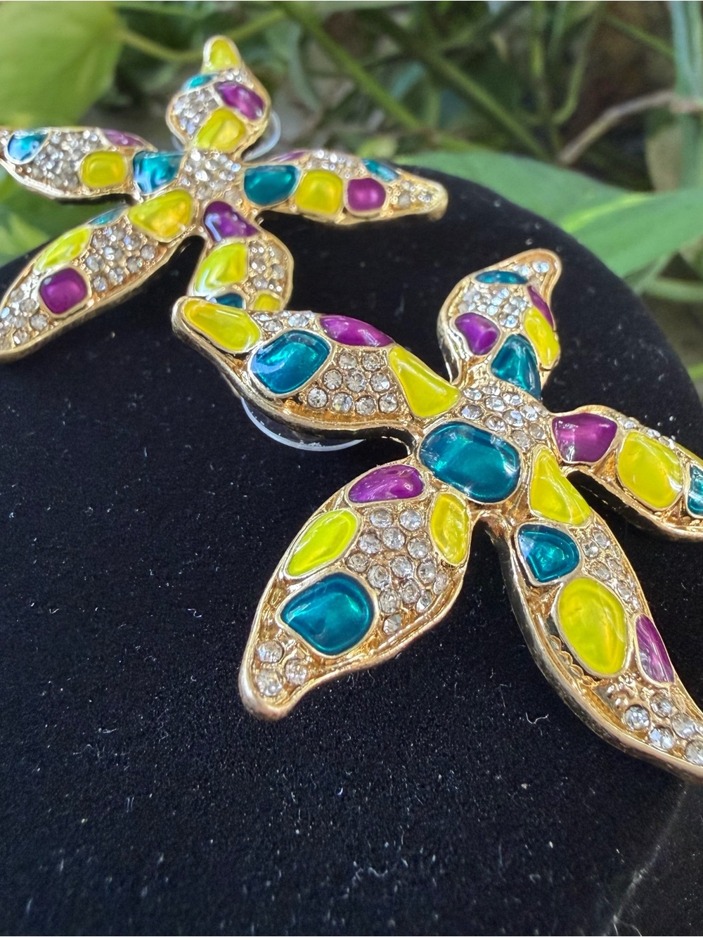 Oscar de la Renta Golden Starfish Enamel & Sparkling Crystal Earrings ✨ Pierced - Picture 7 of 12